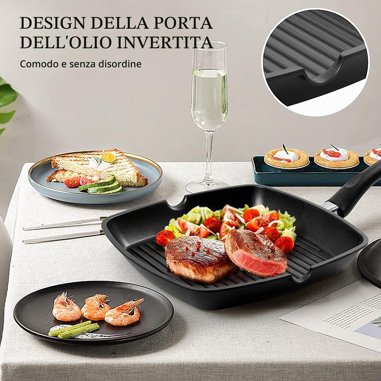 Bistecchiera Antiaderente,28 cm Alluminio Pressofuso Padella Grill per Induzione con Manico datta a Tutti Piani Cottura, Induzione e Forno