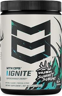 MTN OPS Ignite Energy Drink Powder, Gluten Free Nootropic Supplement Drink Mix, L Arginine, L Citrulline, Caffeine & Nootropic Sugar Free Drink Mix, 45 Servings, Hush Summit Surge