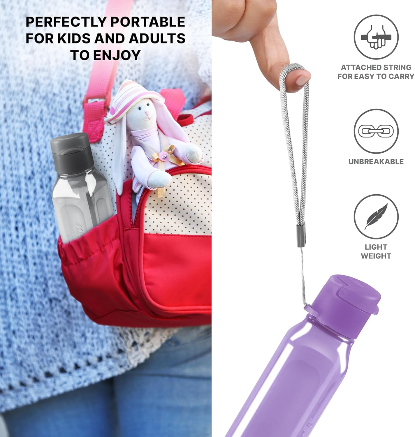 Bulk Set of 8 - 10oz Multicolor Water Bottles for Kids and Adults - Leak Proof With Carry Strap - Square Reusable for Juice, Drinks - BPA-Free Dishwasher-Safe - Image 4