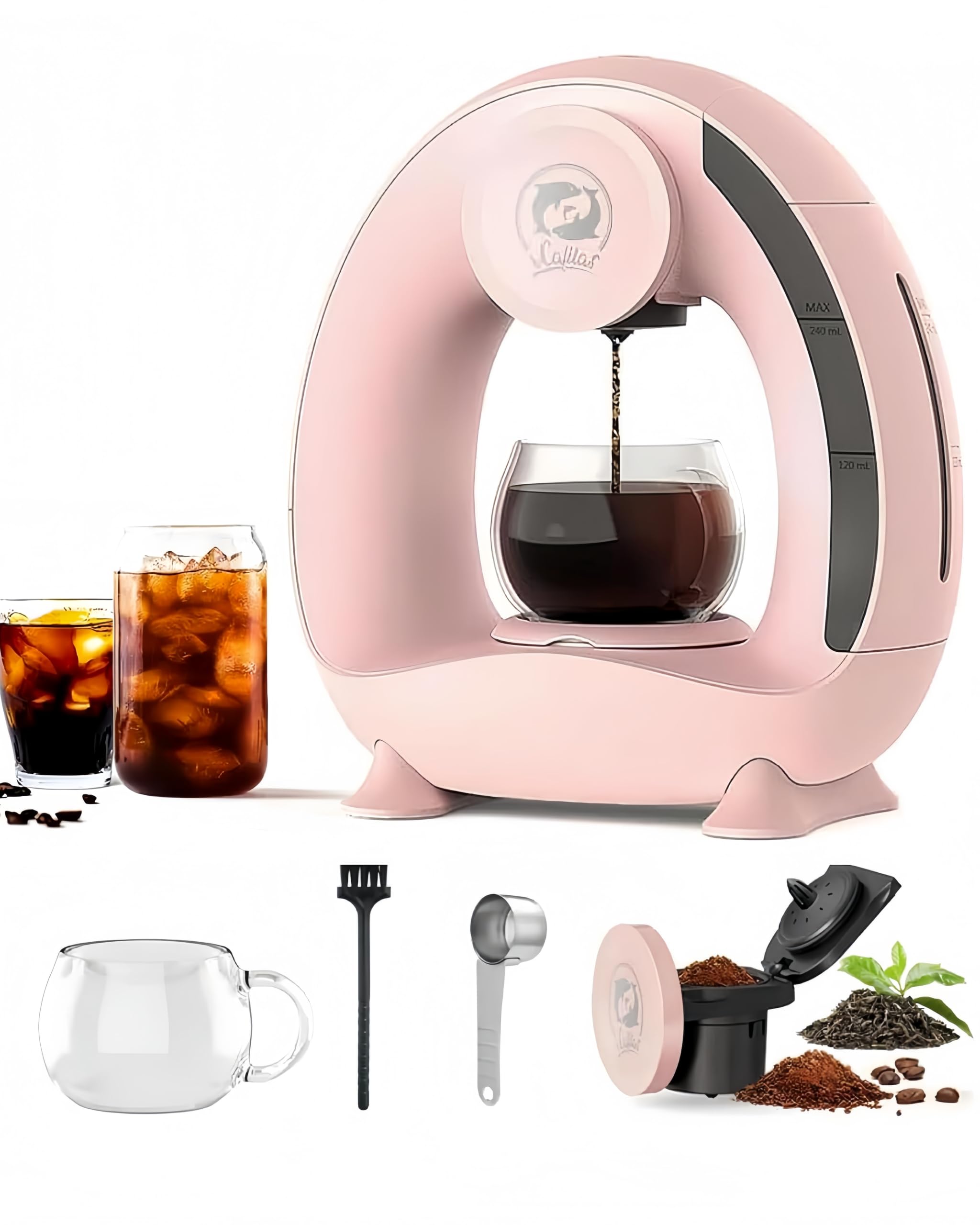 i Cafilas Coffee Maker per caffè macinato, Mini Q Americano 2-in-1 Coffee Brewer,mini One Cup Coffee Brewer/Tea Maker con filtro per caffè, Coffee Maker elettrico Mi ni, 120-240 ml, Rosa