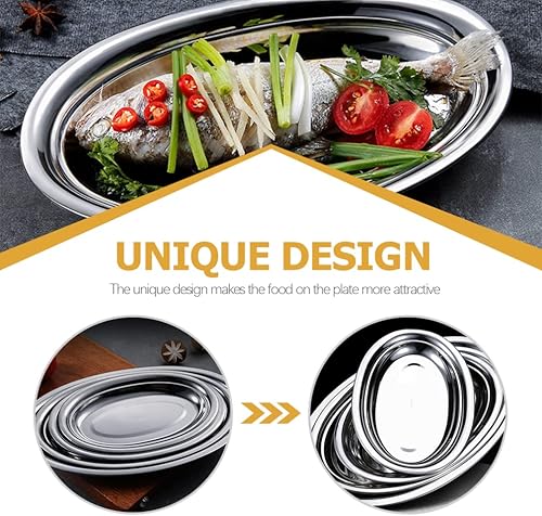 Miniatura 5 de Hemoton Sizzle - Plato ovalado de acero inoxidable, plato de metal para servir alimentos al vapor, postre de carne, plato de sushi, plato, plato,