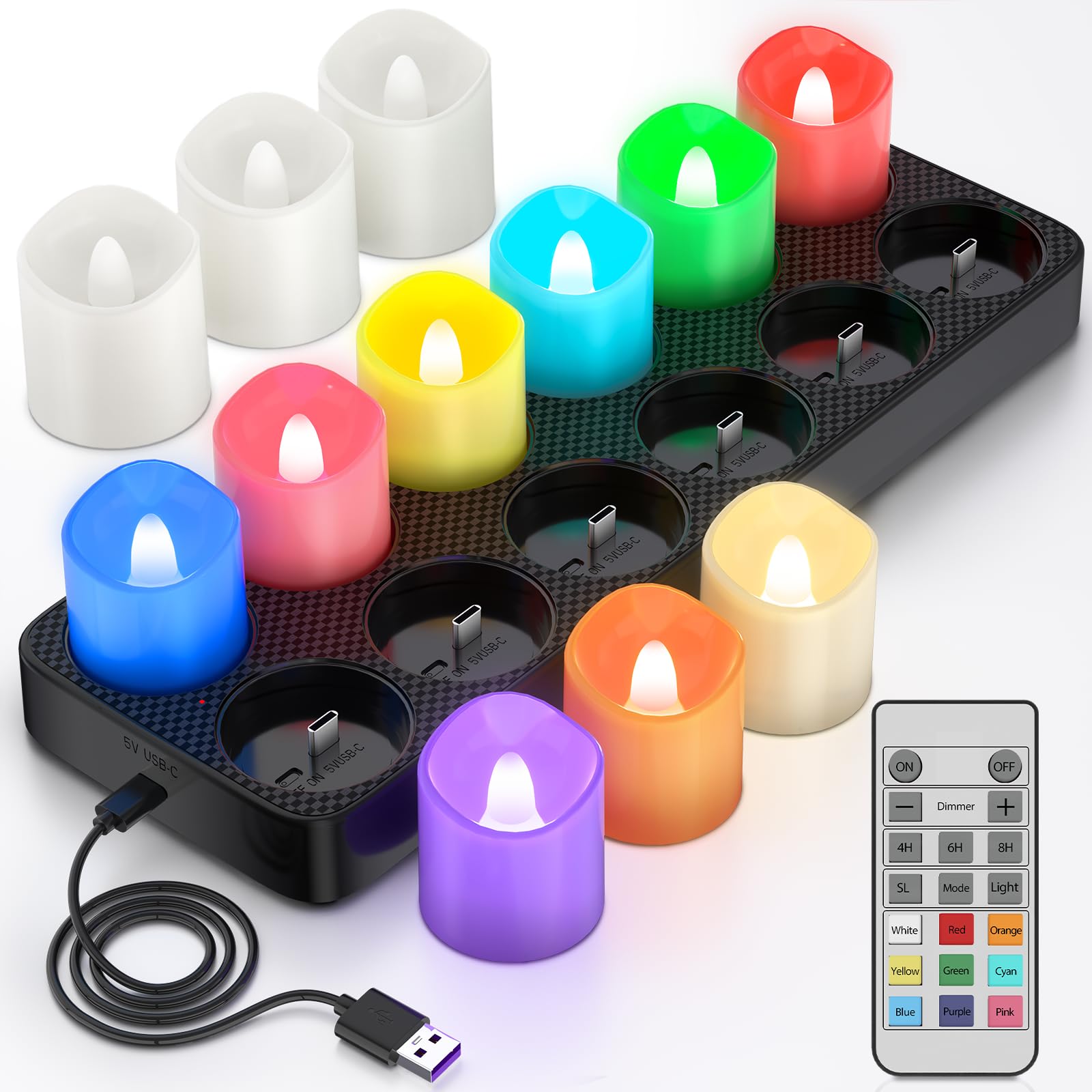 PChero LED Bunte Teelichter Wiederaufladbar mit Ladestation & Fernbedienung | 12er Multicolour Teelichter LED Aufladbar Kerzen Flackernd mit Timer, RGB Farbwechsel, für Halloween Weihnachten Party Deko