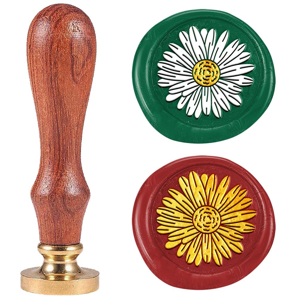DELORIGIN Daisy Flower Wax Seal Plants Stamp Embossed Stamp Sealing Removable 1" Brass Wax Seal Stamp Head with Wooden Handle Sealing Wax for Birthdays Invitations Greeting Card Envelopes