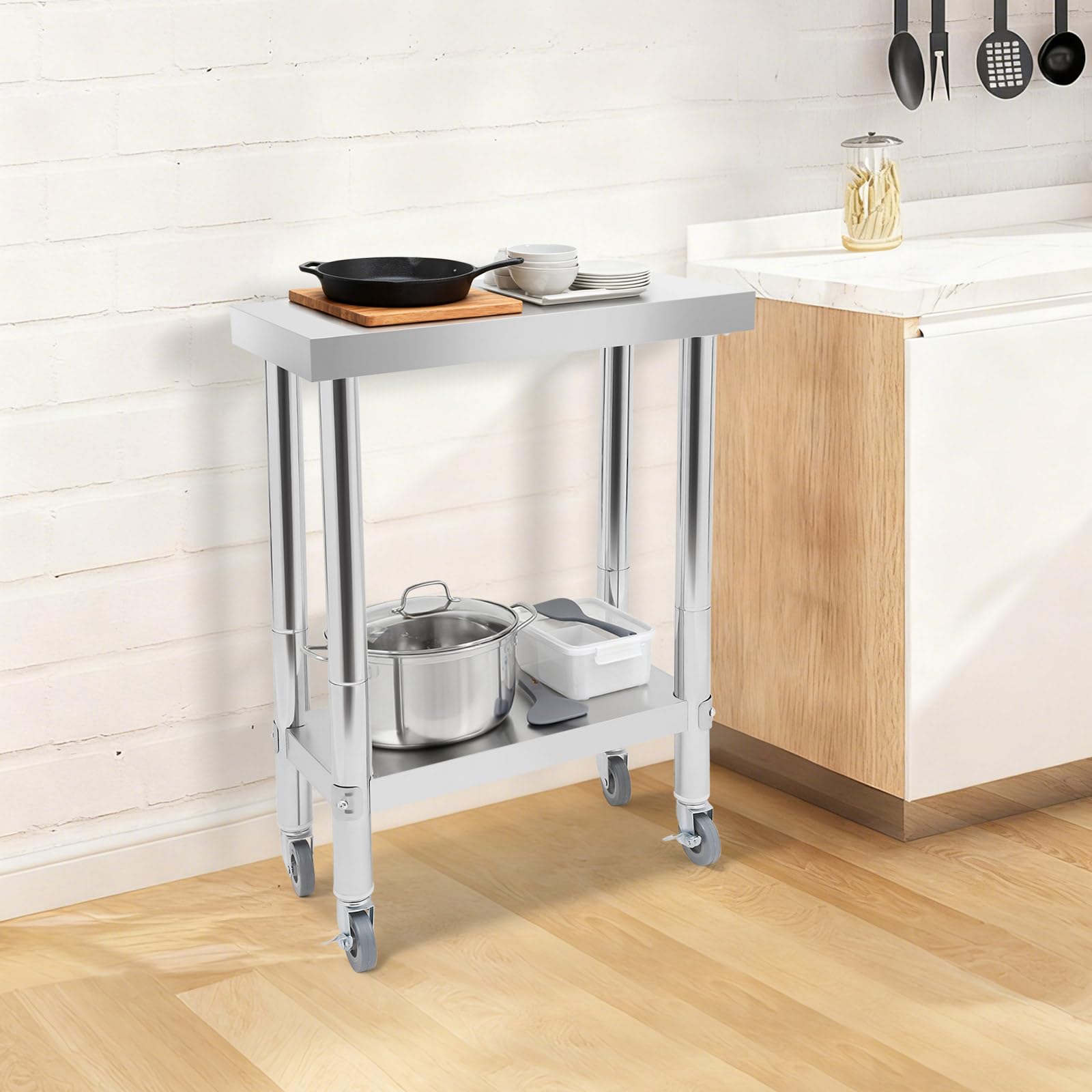 Mesa de trabajo de acero inoxidable, mesa de cocina con 4 ruedas, mesa de cocina con capacidad de carga 300 kg, mesa de servicio enrollable para cocina, bar y restaurante (60 x 45 x 85 cm)