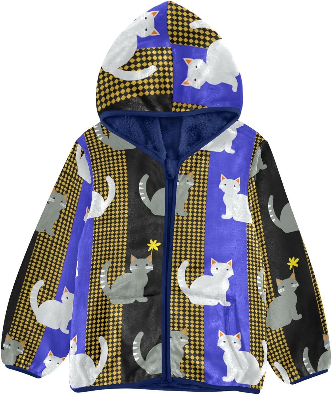 Yellow Blue Stripe Cats Cartoon Toddler Fleece Jacket Outerwear Jackets Navy Blue Baby Boys Clothes