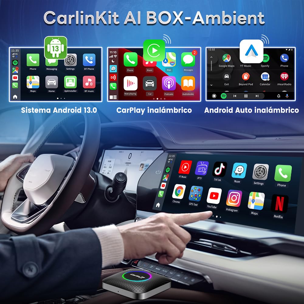 CarlinKit AIBox inalámbrico Carplay/Android Auto Versión LED del Adaptador, Apto para Modelos CarPlay con Cable, Sistema Android 13.0 8+128G Incorporado, Compatible con Youtube, Netflix, etc.