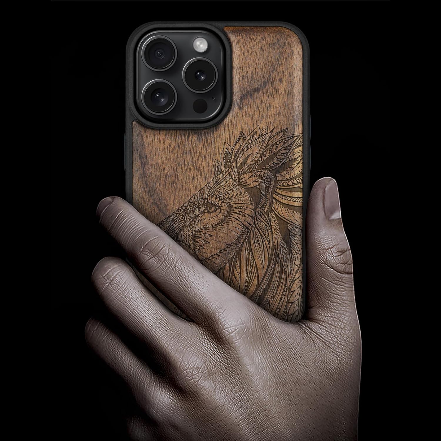 Carveit Magnetic Wooden Case for iPhone 16 Pro Max Case, Wood Artisan Engraved & Black Soft TPU Shockproof Cover, Compatible with MagSafe Wireless Chargers, (Ornate Lion's Head) Walnut