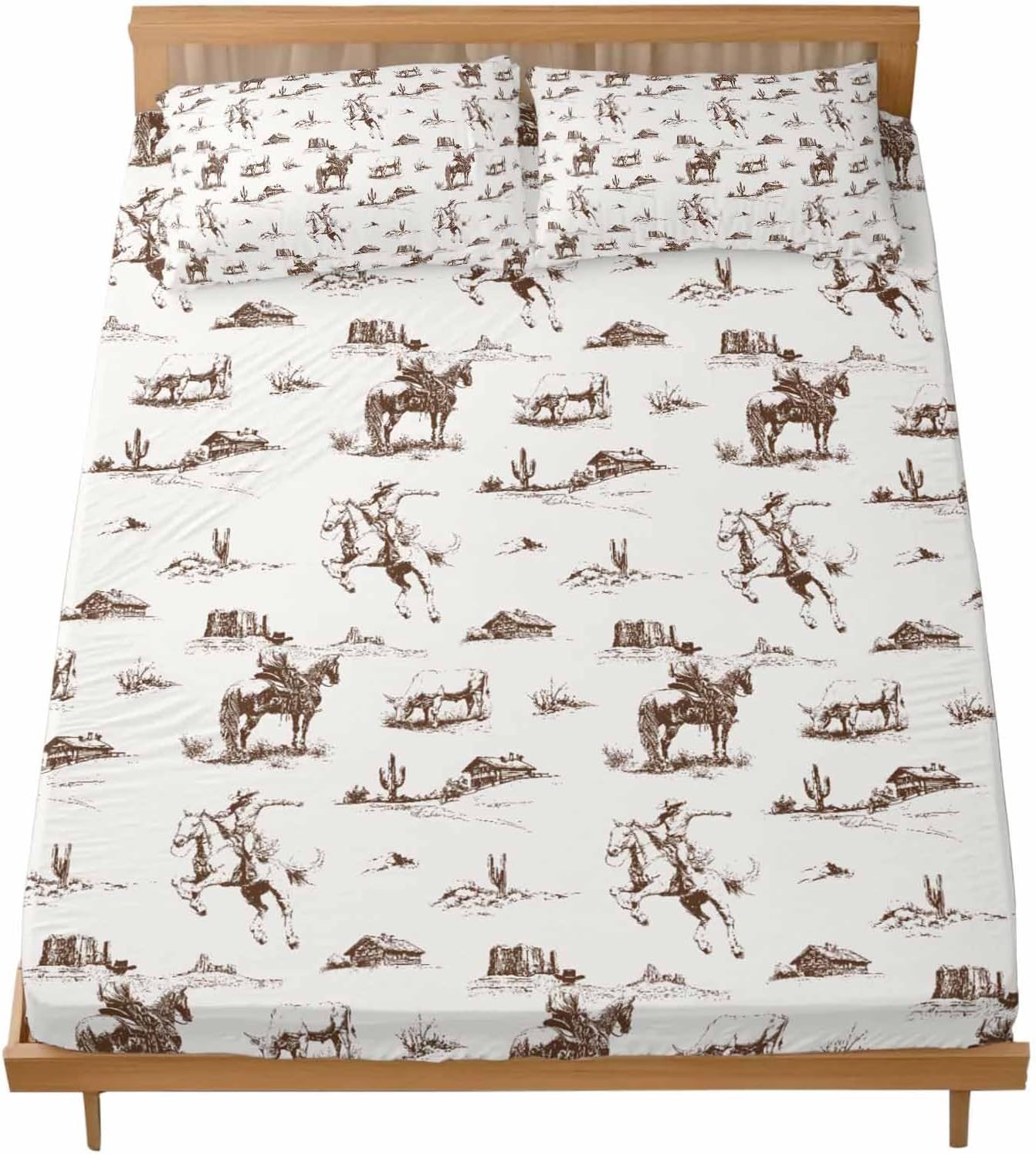California King Fitted Sheet and Pillowcase Set, Brown Western Cowboy 3 Pieces Bedding Cal King Sheets Sets with Elastic Straps, Farmhouse Vintage Ethnic Art Deep Pocket Bed Sheets Up to 16"