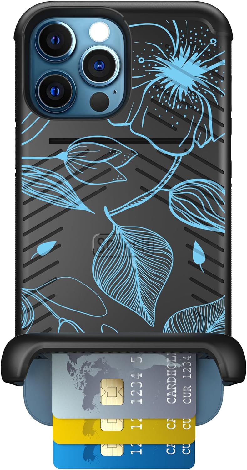 Scooch for iPhone 12 Pro Max Case with Card Holder, Wingmate Wallet Case with Hidden Card Slot and RFID Protection, Holds 3 to 4 Cards, 10-Foot Drop Protection, Blue Hibiscus