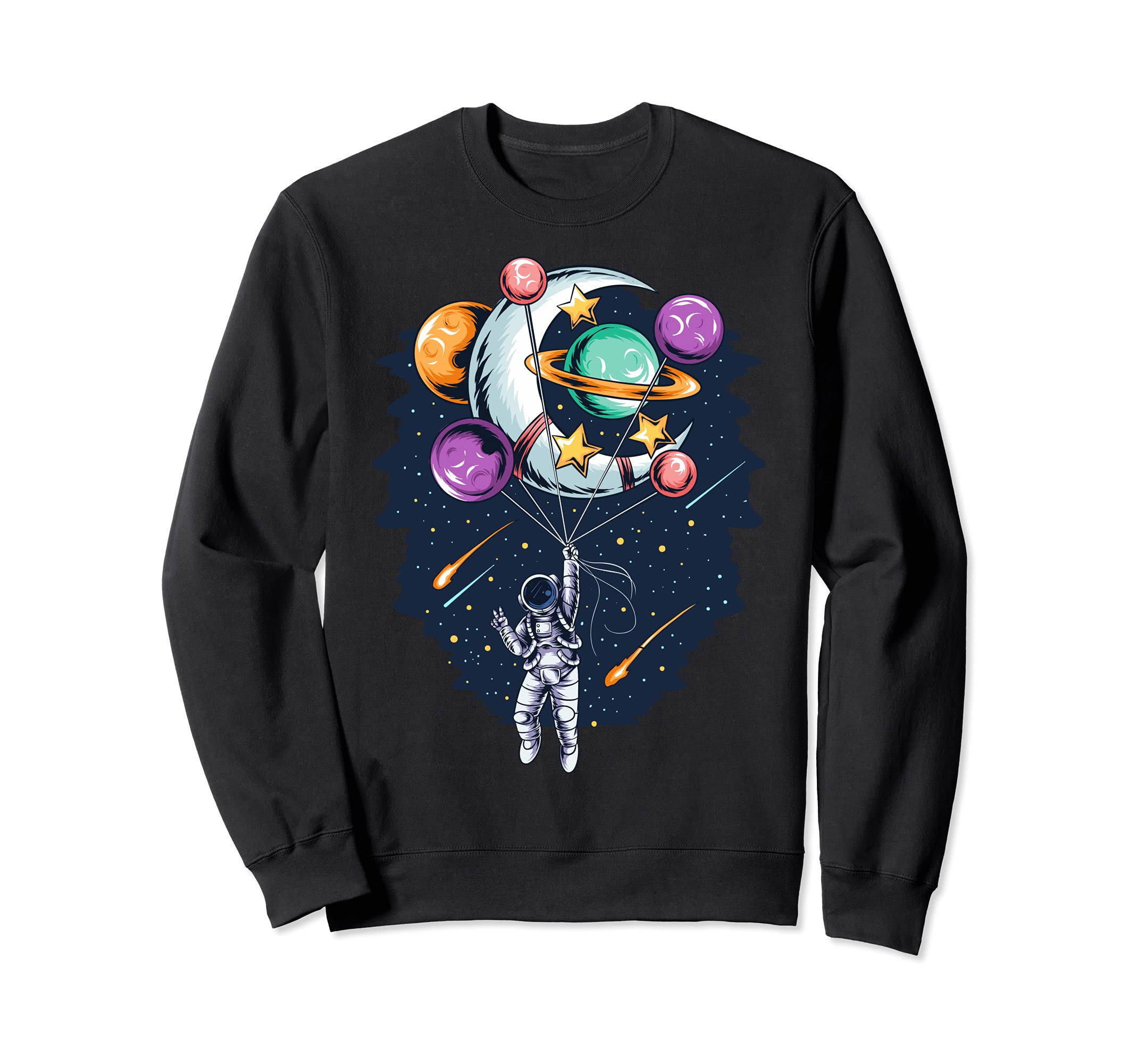 Space Astronaut Flying Holding Planet and Moon Balloons Sweatshirt, Black