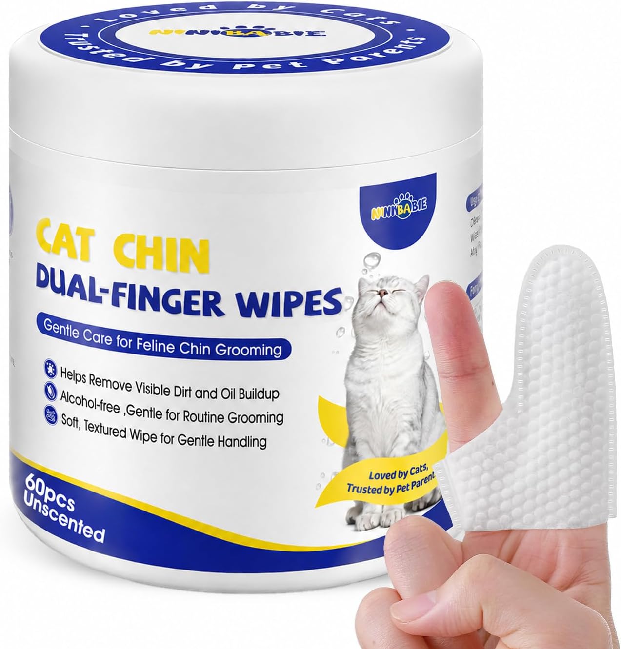 Cat Chin Wipes, Dual-Finger Cleaning Pads, Unscented, 60 Count
