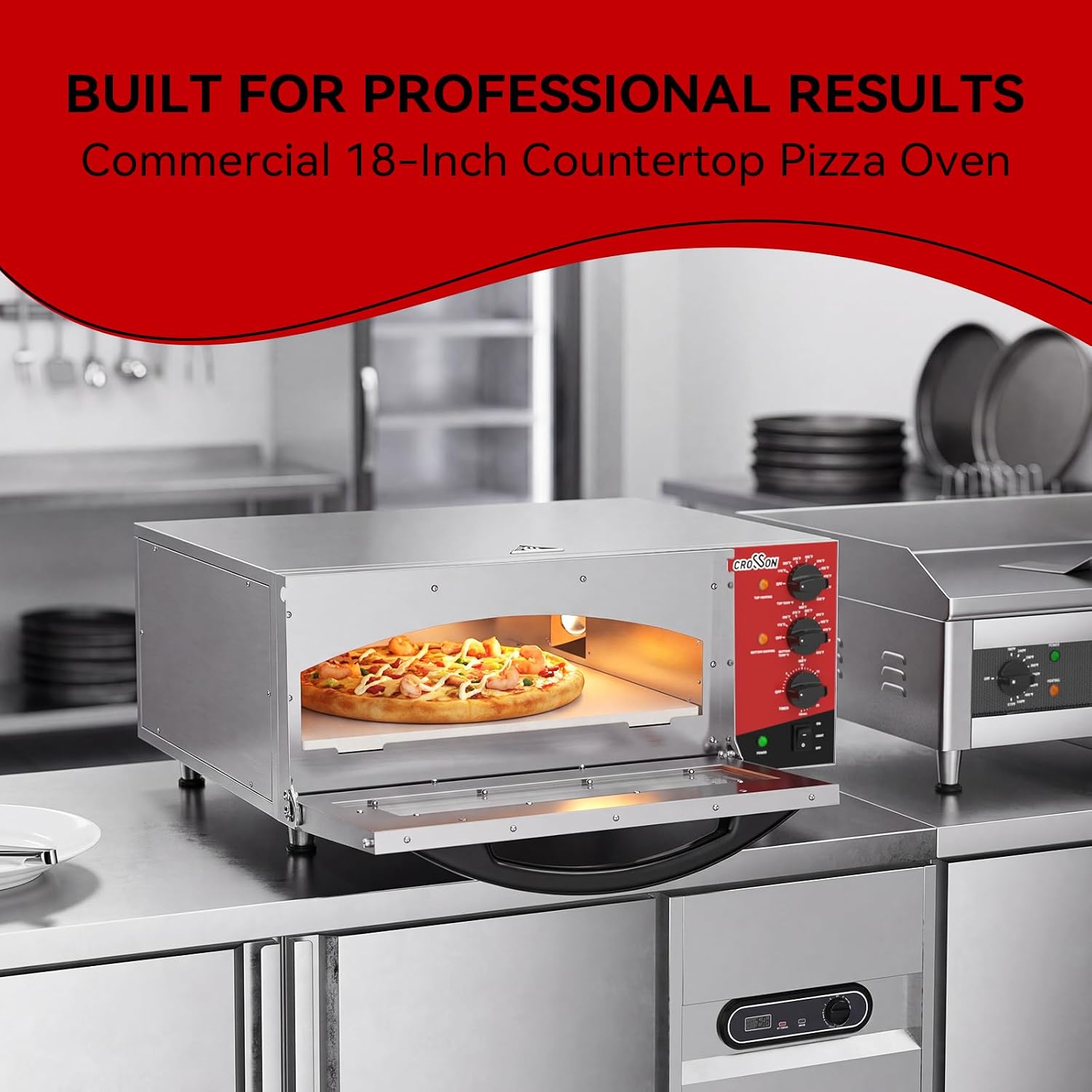 CROSSON Commercial 18 inch Countertop Electric Pizza Oven with 15mm Thick pizza stone, Multipurpose Indoor Pizza oven for Restaurant use,120V/1800W