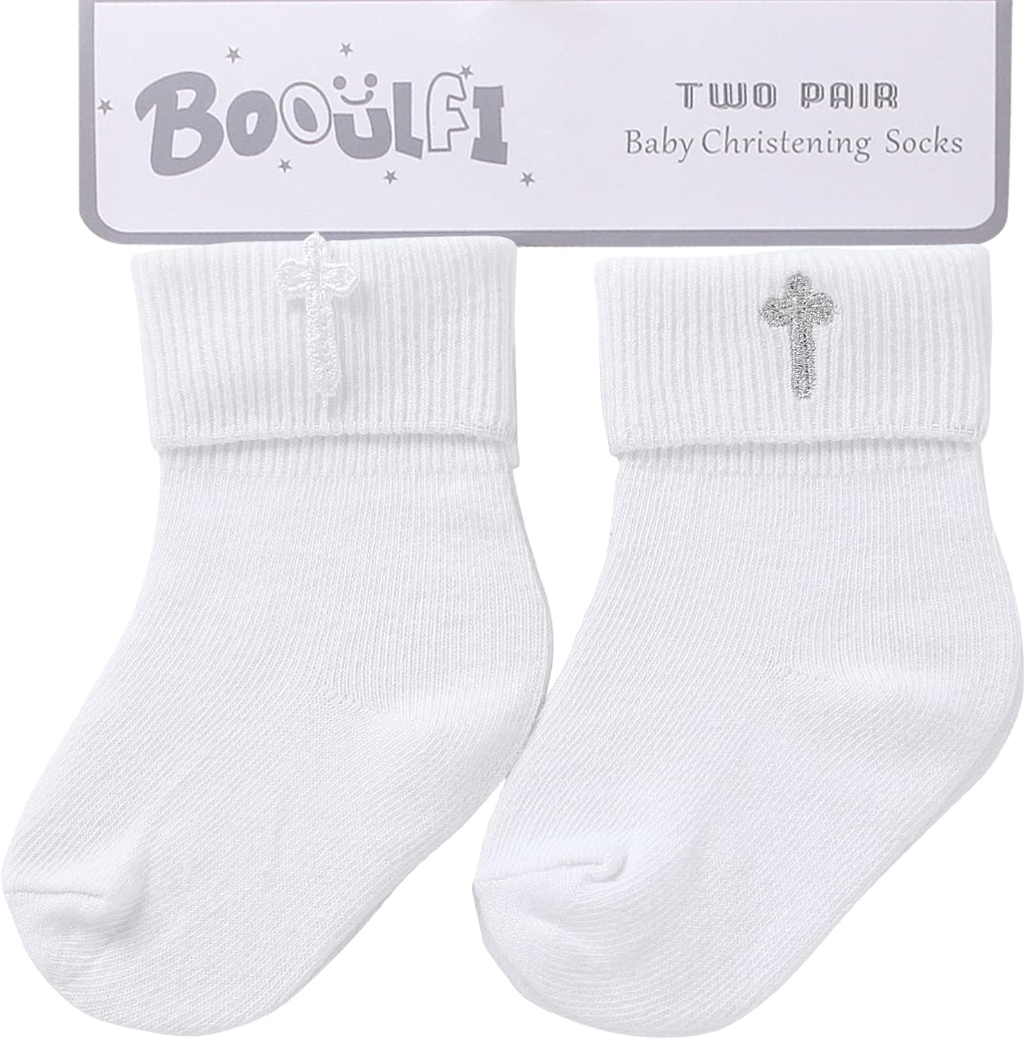 Miniatura 2 de Booulfi Calcetines blancos para niños, 2 pares con bordado cruzado, de 0 a 6 meses o de 6 a 12 meses