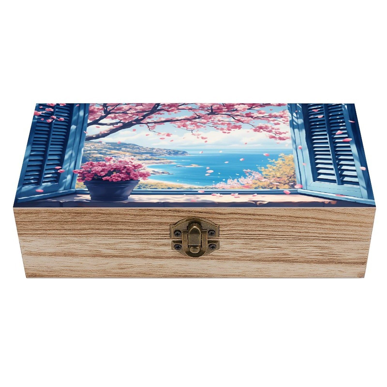 peiyeety Window View Cherry Blossom Rustic Wooden Jewelry Box with Hinged Lid - Vintage Natural Wood Keepsake Trinket Storage Organizer Gift Box, 7.9×3.9×2.3 Inch