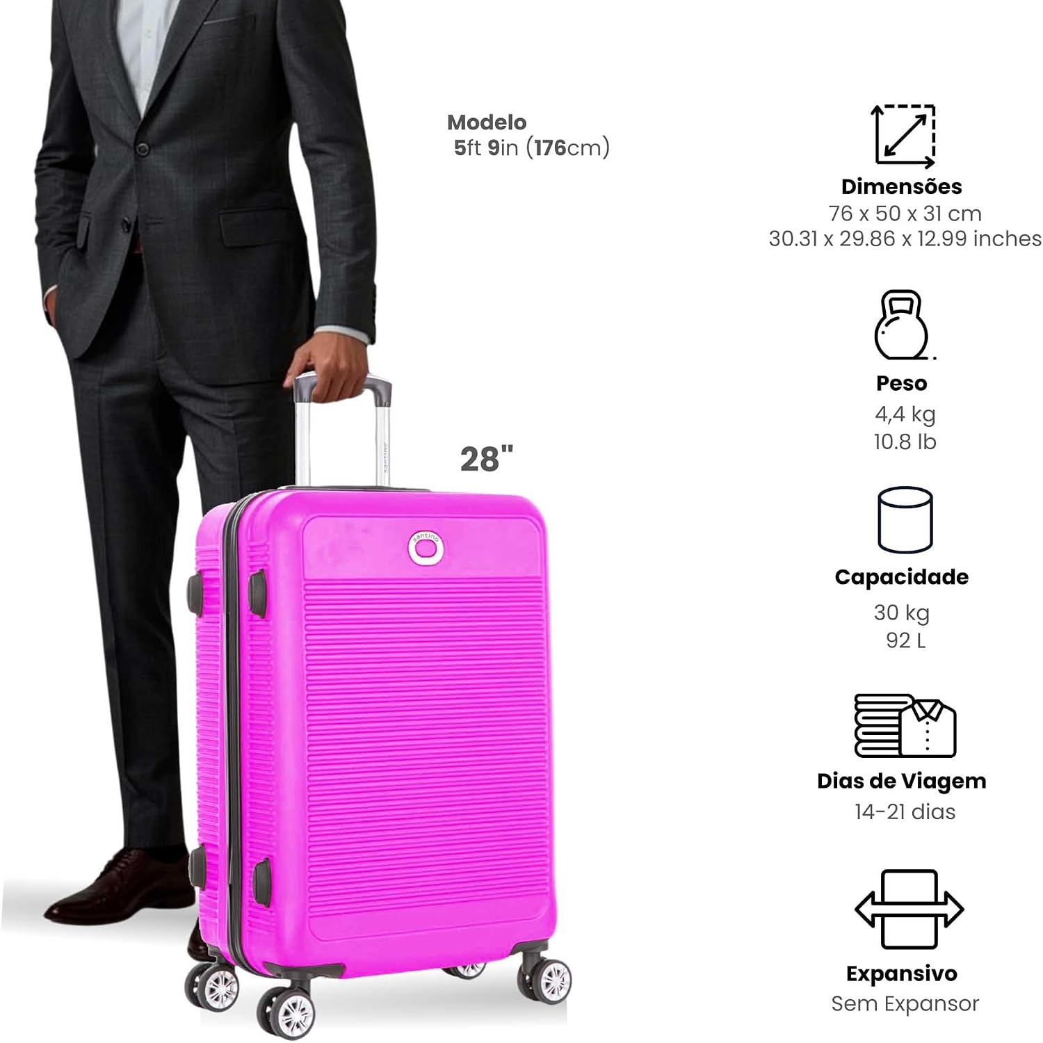 SANTINO Mala de Viagem Grande 32kg Rígida ABS 4 Rodas 360º com Segredo Leve Resistente Flexível Antifurto Pink tamanho 24 polegadas SANTINO Mala de Viagem Grande 32kg Rígida ABS 4 Rodas 360º com Segredo Leve Resistente Flexível Antifurto Pink tamanho 24 polegadas