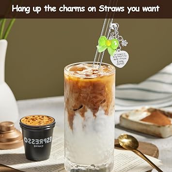 6 Pack Reusable Glass Straws with Cute Bow Charms Clear Shatter Resistant Drinking Straight Straw with 2 Cleaning Brushes Party Favors Gifts for Smoothies Juice Milkshakes Cocktail