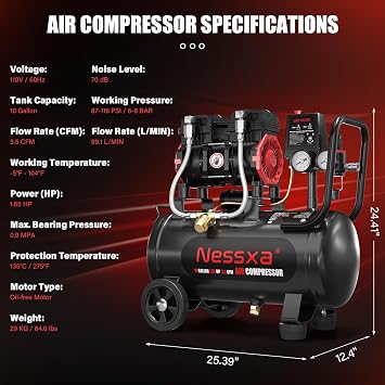 10Gal Ultra Quiet Air Compressor, 3.5 CFM 115 PSI Oil-Free w/ 2 Couplers