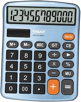 TRULY 12-Digit Desktop Calculator with Large Display, Big Buttons, Dual Power Solar + Battery, Metal Finish, Ideal for Office, Home, School 837A Pro Light Blue