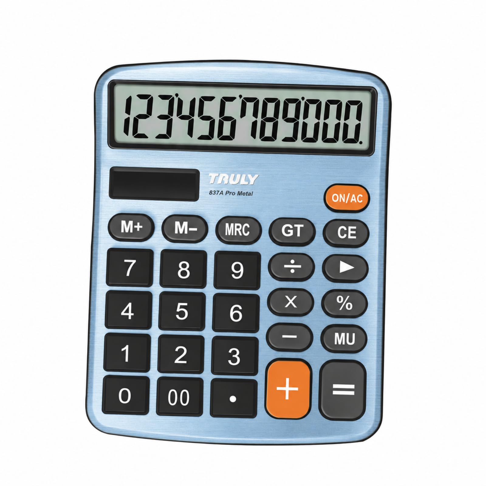 TRULY Calculadora de escritorio de 12 dígitos con pantalla grande, botones grandes, doble alimentación (solar + batería), acabado metálico, ideal para oficina, hogar, escuela - 837A Pro azul claro