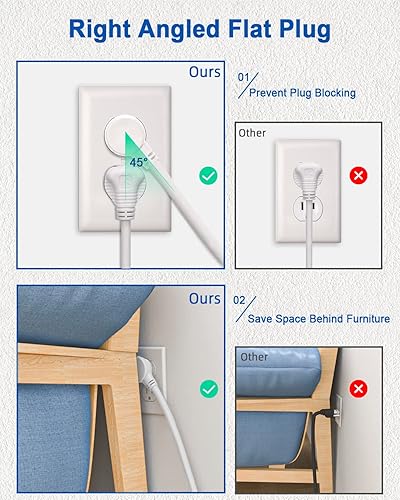Miniatura 5 de Regleta de alimentación de enchufe plano, interruptores individuales, cable de extensión de 6 pies, 3 tomacorrientes, protector de sobretensiones