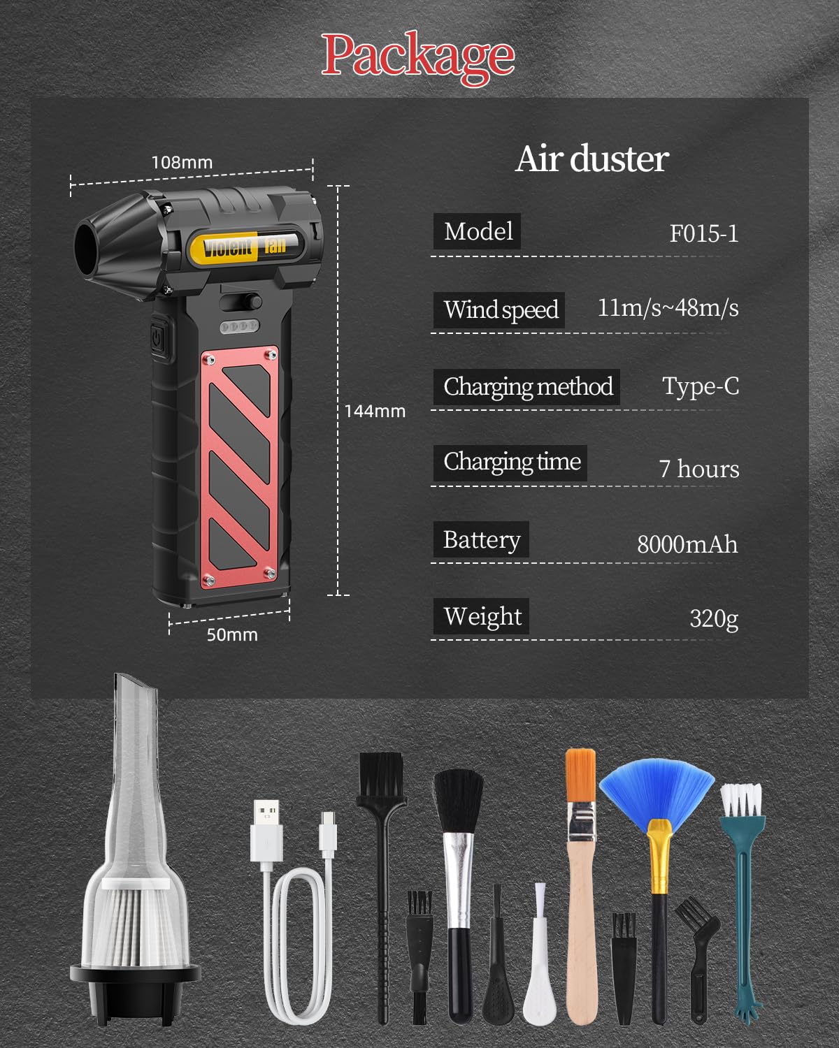 Plumero de aire comprimido, velocidad infinitamente variable, soplador eléctrico de 130000 RPM con martillo de seguridad, plumero de aire recargable inalámbrico para limpiar PC/teclados/lavado