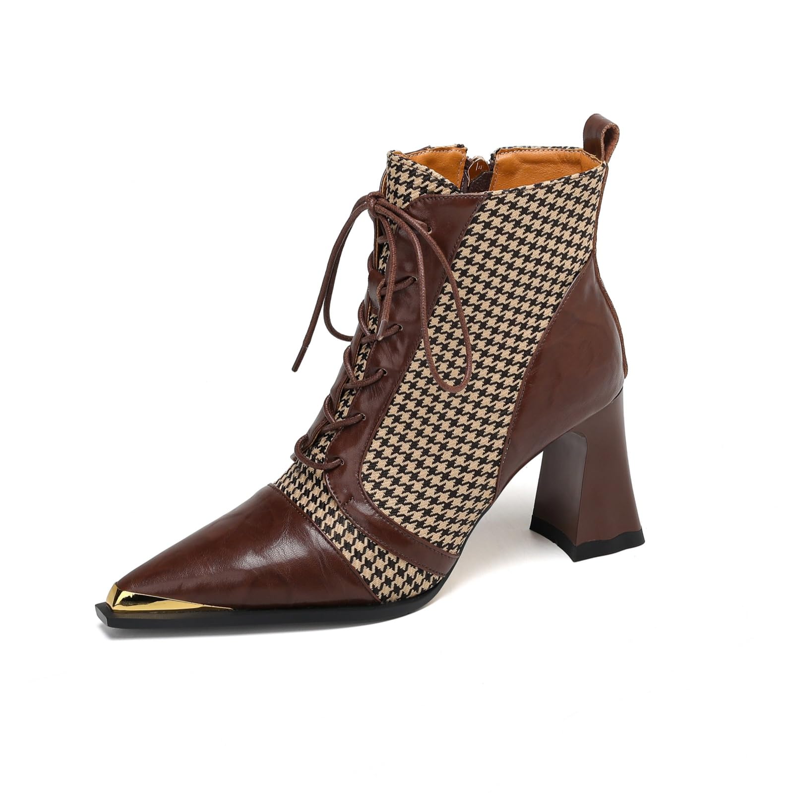 TinaCus Womens Pointed Toe Handmade Selftie Genuine Leather with Houndstooth High Heels Zip up Ankle Boots