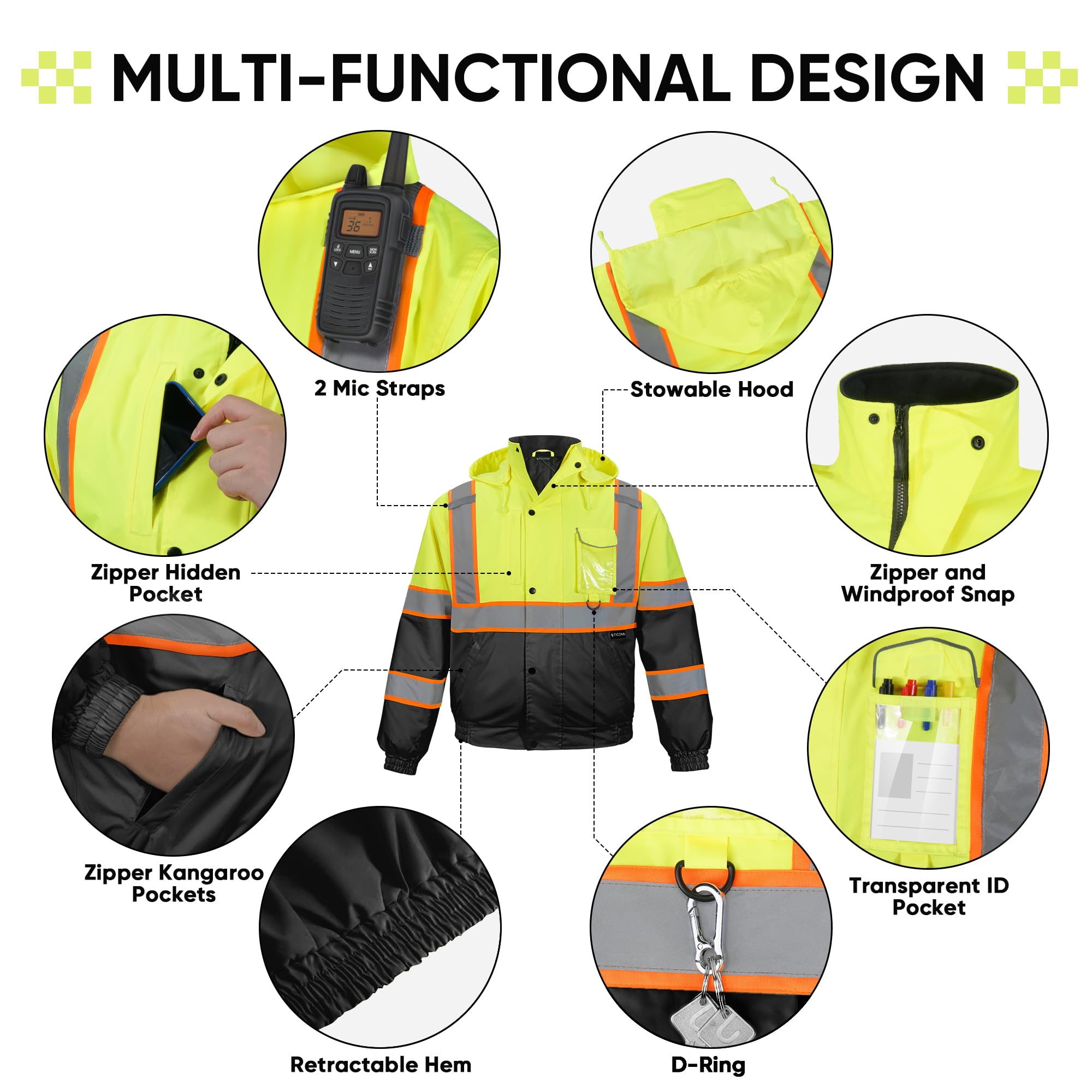 TICONN Hi Vis Rain Jacket, Waterproof Reflective Safety Jacket, ANSI Class 3 Work Rain Coat for Men Women (Yellow&Black, L)