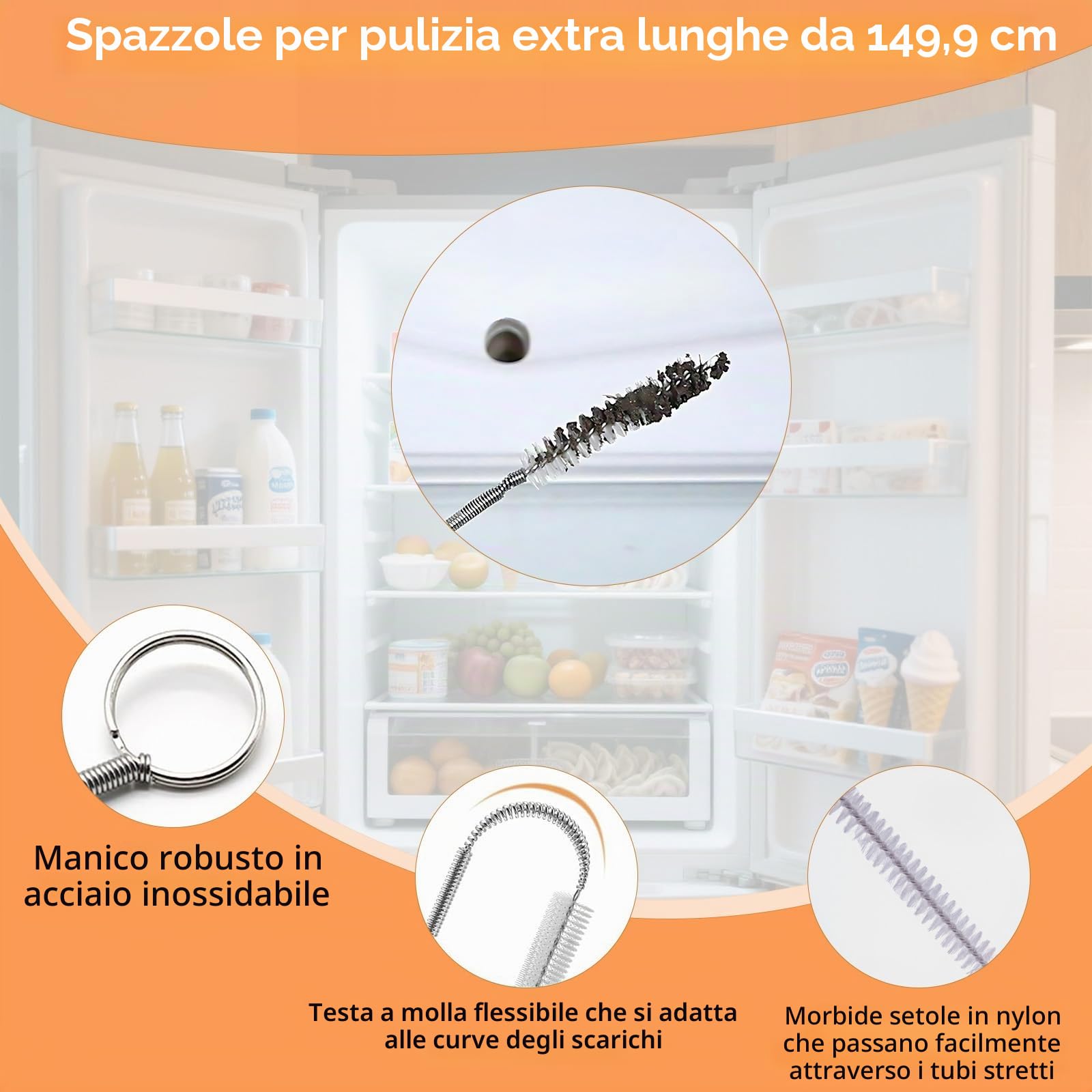 Set da 7 Stura Lavandini e Scarichi, Strumento di Rimozione dei Capelli a Serpente da 76 cm + Spazzola Per Pulizia Flessibili da 150 cm Pulitore per Lavandini, Docce, Vasche e Tubi