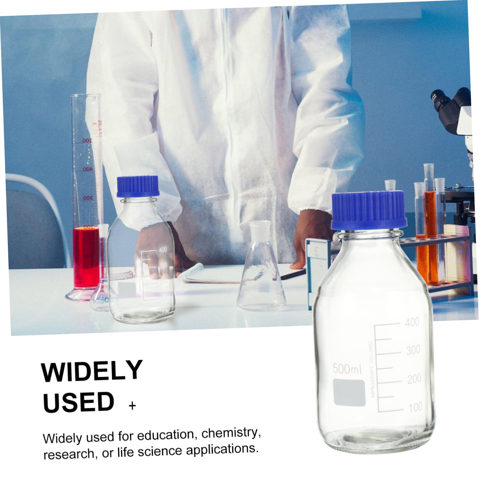 Round Lab Flacon de Réactif Chimique en Verre 500ml, 2 Pièces, Base Solide pour Recherche et Chimie, Stockage Précis des Liquides