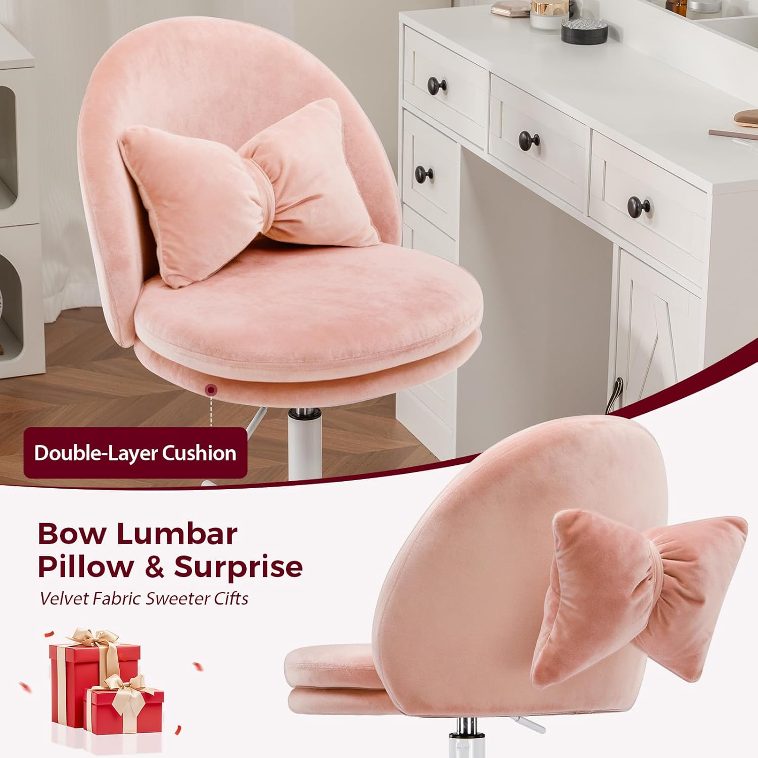 COMHOMA Vanity Chair with Velvet Fabric, Small Tall Armless Chair with Back, Cute Candy Chair for Girls Gift Living Room/Makeup Room/Bedroom/Kitchen (Height Use: Adjustable from Desk to Bar Height)