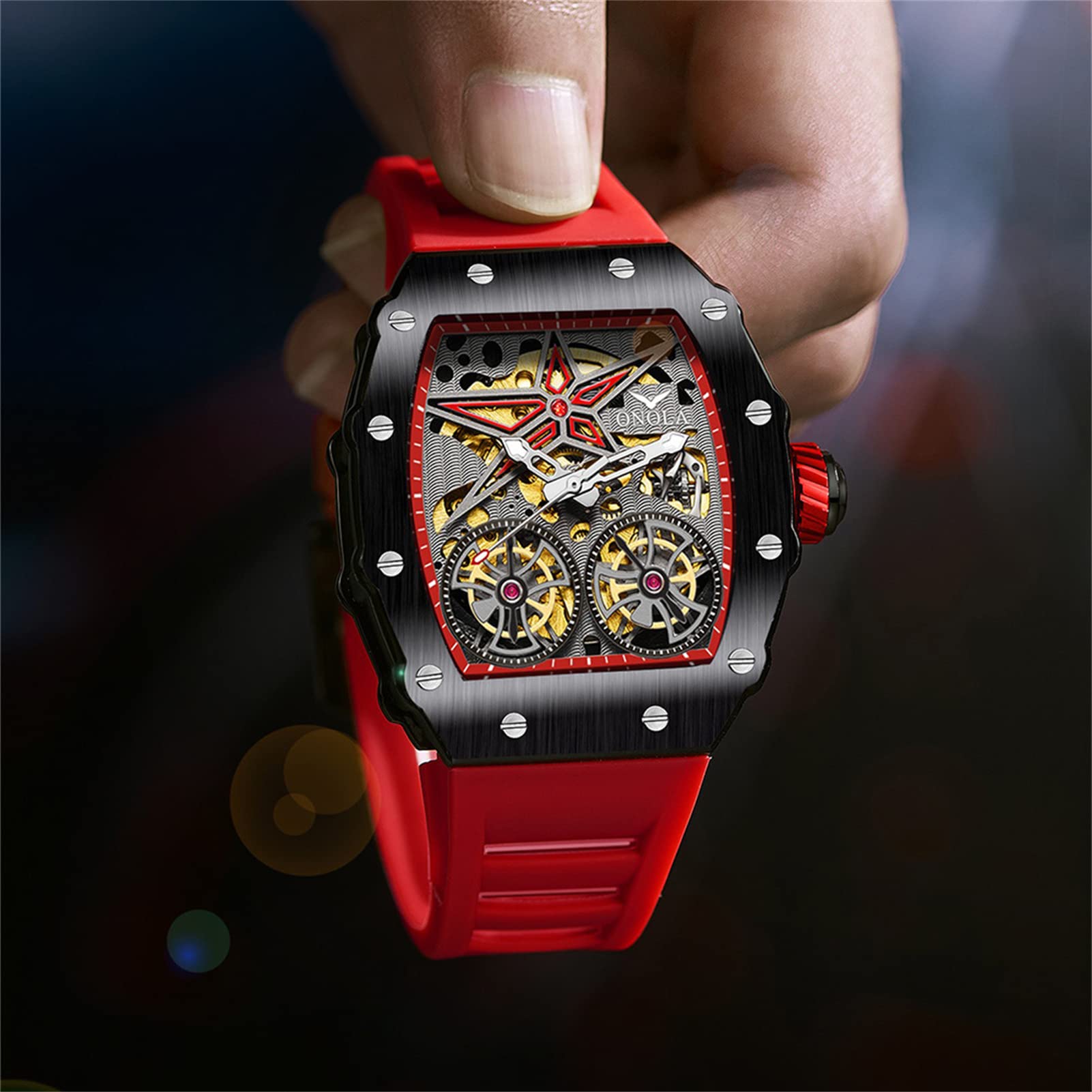 FORSINING Tonneau-Form, mechanisch, automatisch, großes Zifferblatt, modisch, Business-Uhr, Silikonarmband