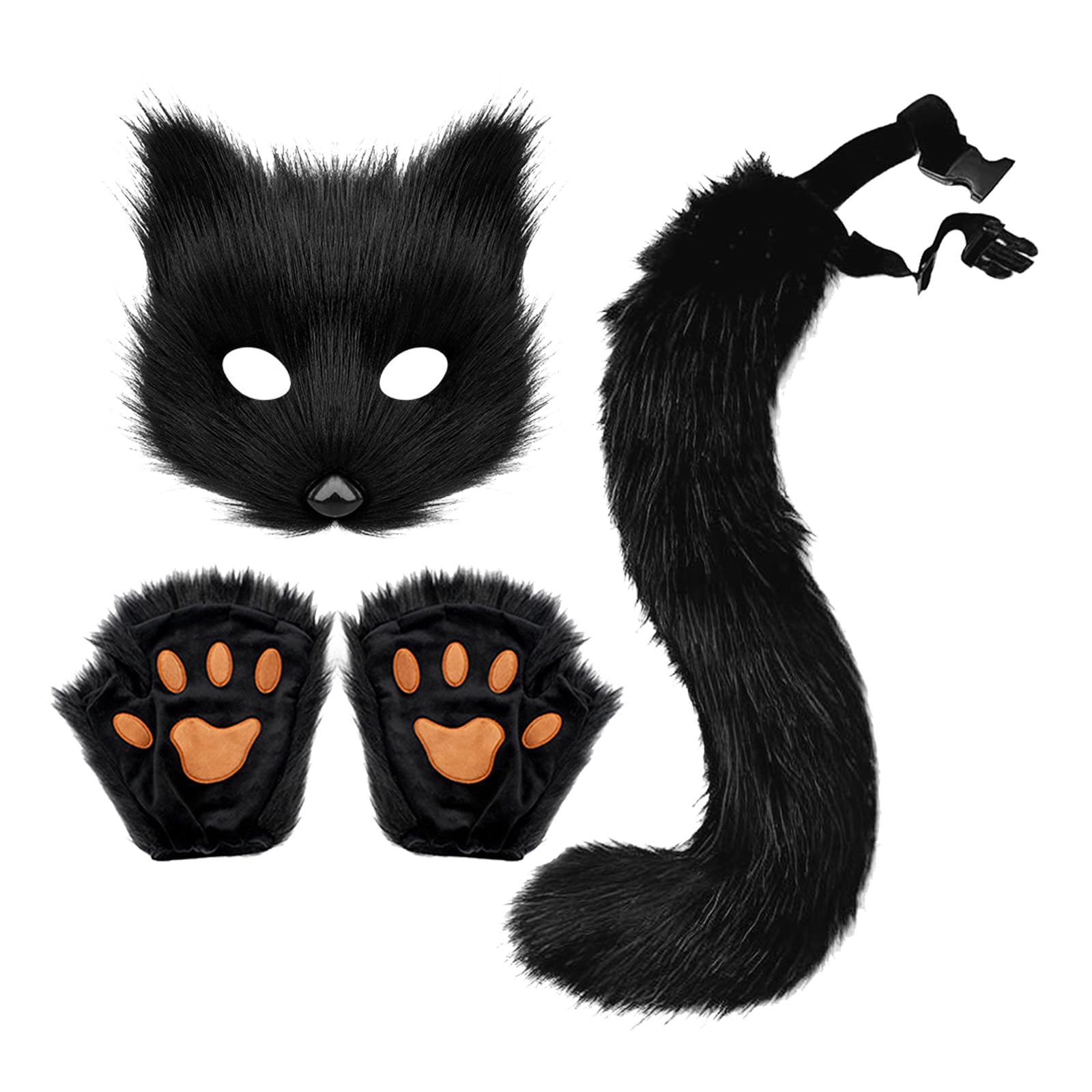 Faux Fur Fox Tail Fluffy Cat Wolf Paw Claw Gloves Plush Fox Mask Set Furry Cosplay Costume Set Animal Dress Up Fancy Dress Accessories Halloween Cosplay Carnival Role Play Party Costume Prop Set