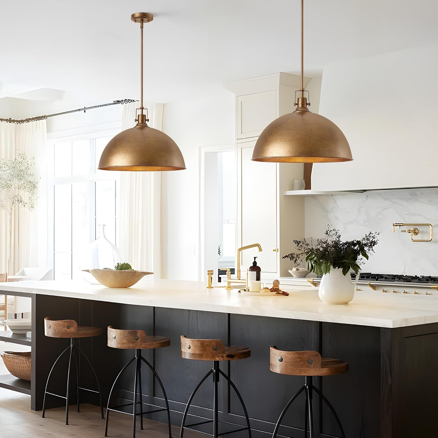 17.7 Inch Large Dome Pendant Light, 1-Light Antique Brown Pendant Lighting All Metal, Modern Farmhouse Single Ceiling Hanging Light Fixtures for Kitchen Island Dining Room Over Table Hallway
