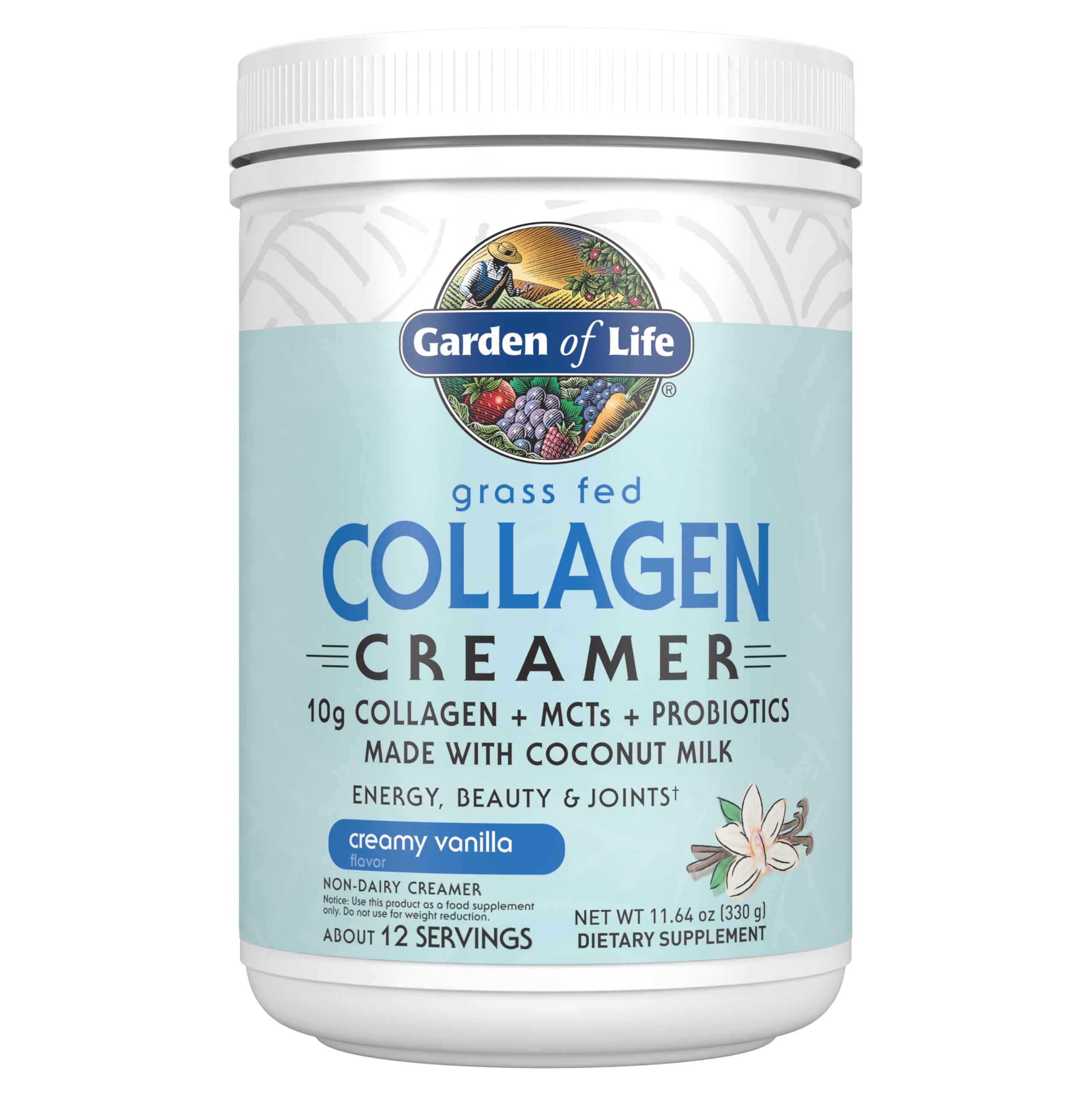 Garden of Life Grass Fed Collagen Creamer Powder - Creamy Vanilla, 12 Servings, Collagen Powder for Coffee Energy Beauty Joints, Collagen Peptides Powder, Coconut MCTs, Collagen Protein Supplements