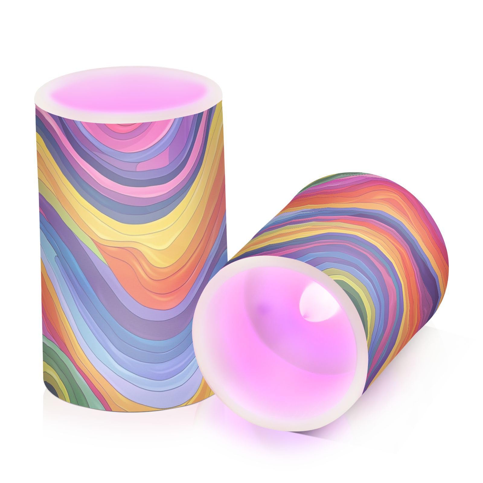 ALAZA Colorful Rainbow Colours Lines Design Flickering Flameless Candles Battery Operated with Remote Timer,Tea Light Candles LED Pillar Votive Candles Set of 2 for Outdoor Indoor Decorations