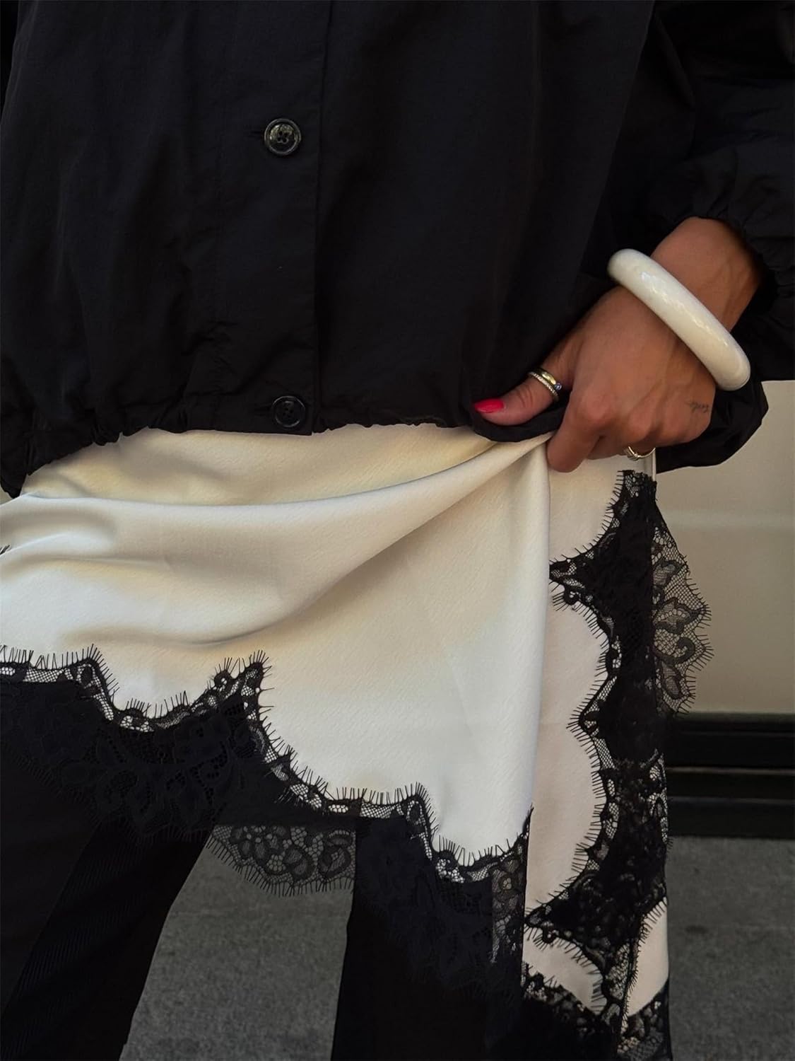 Women Y2k Satin Lace Trim Cami Shirt Spaghetti Strap Side Split Asymmetrical Silky Camisoles Going Out Tops - Image 4