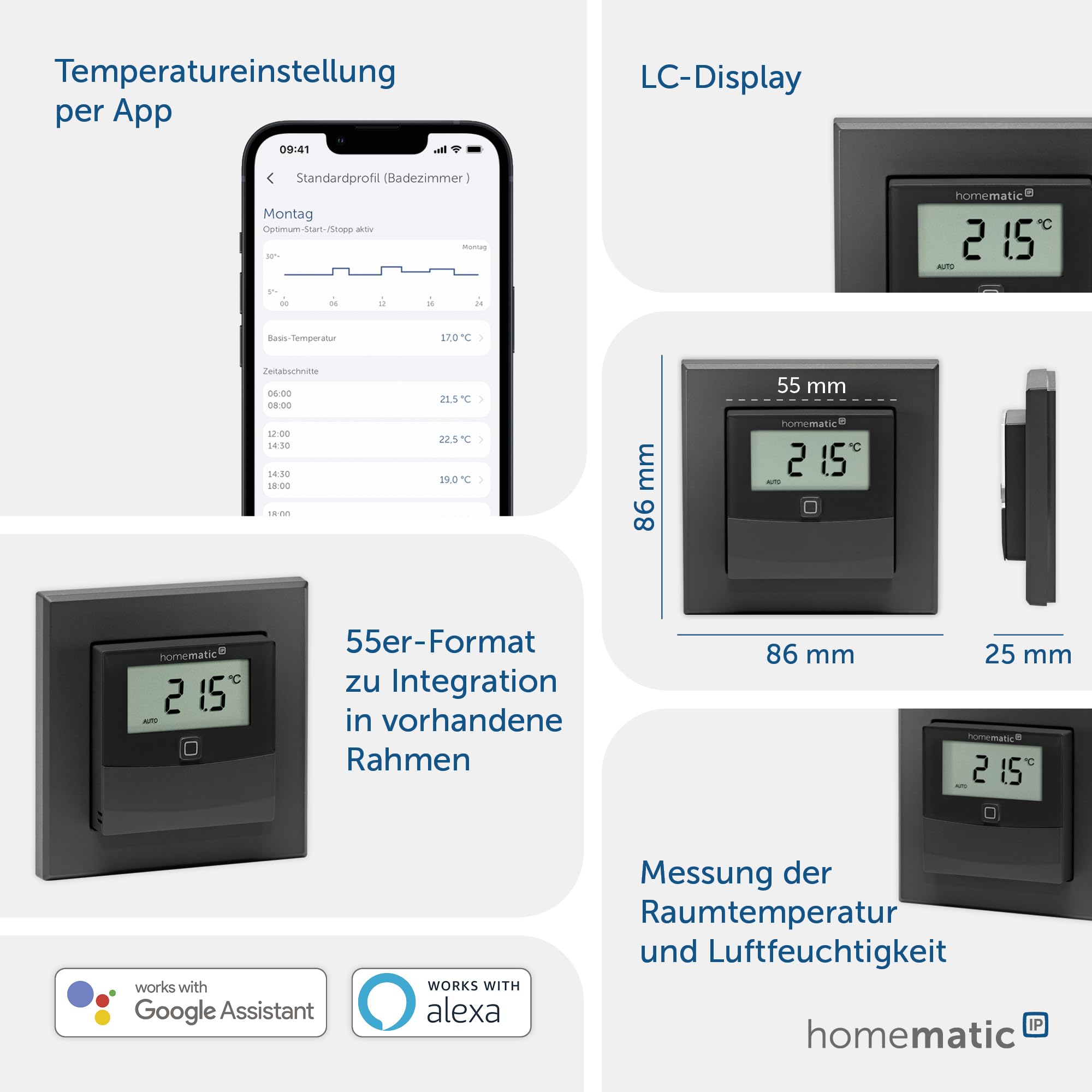 Homematic IP Smart Home Temperature and Humidity Sensor with Display - Indoor, Controls Radiator/Underfloor Heating Via App, Alexa, Google Assistant, Energy Saving, Anthracite, 160551A0