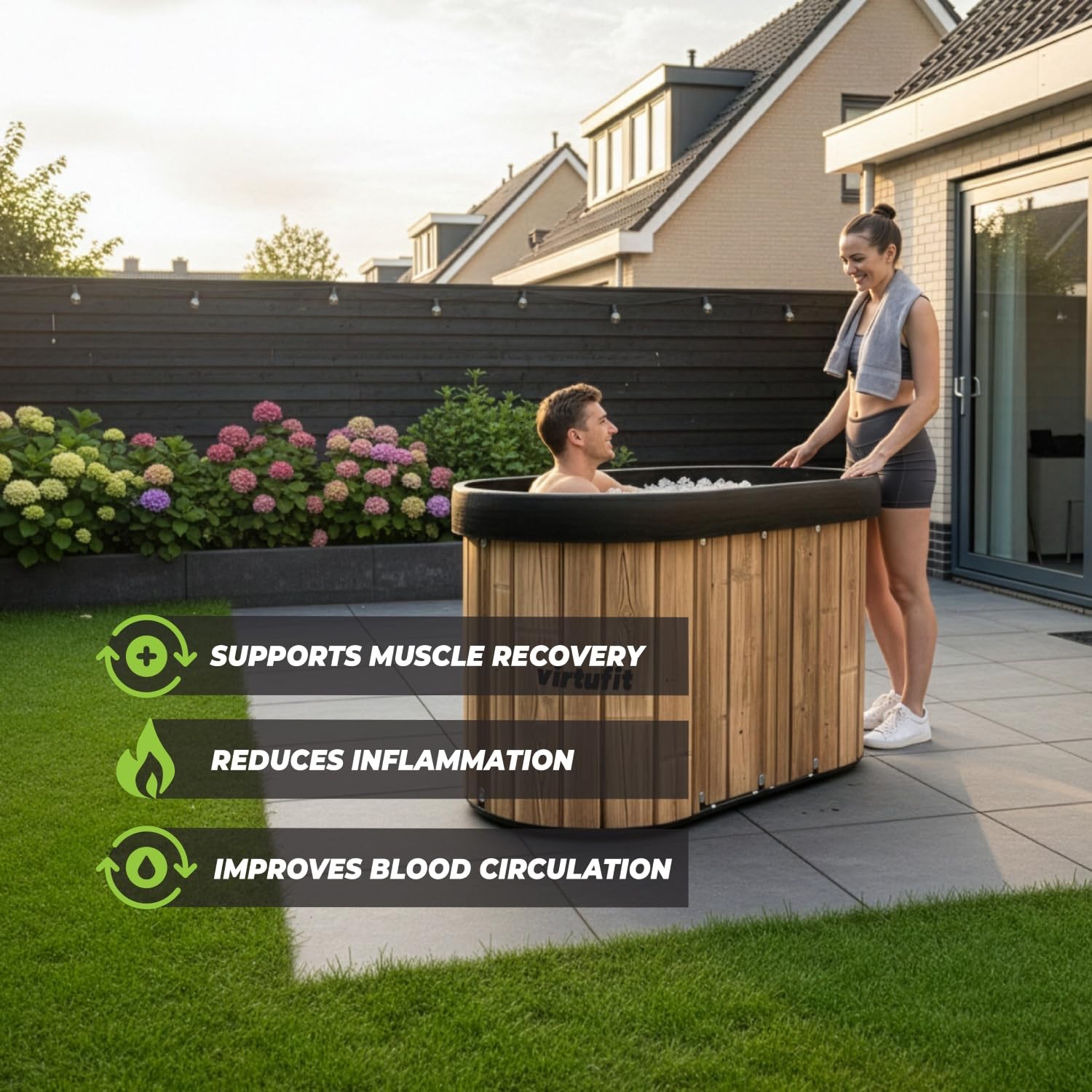 VirtuFit Eisbad Oval 500L Wood Look – Kaltwasserbecken Ice Bath für Regeneration & Muskelerholung – faltbar, 5-lagige Isolierung, inkl. Zubehör, Outdoor & Indoor