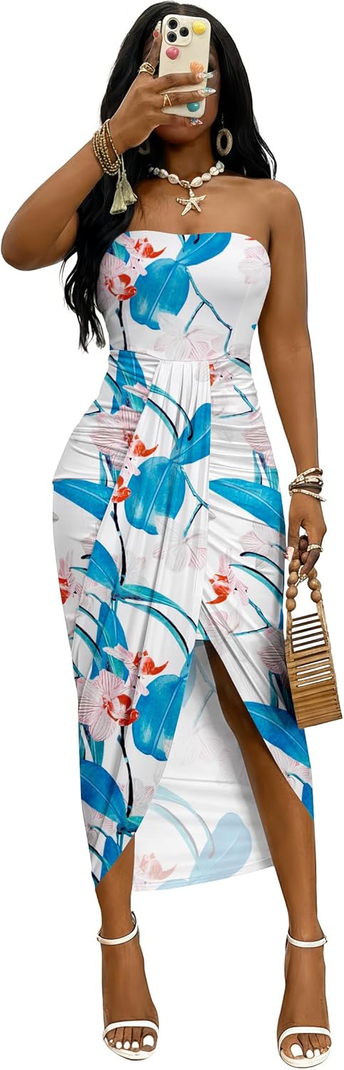 Umenlele Women's Strapless Ruched High Waist Wrap Split Asymmetrical Beach Maxi Long Dress - Image 3