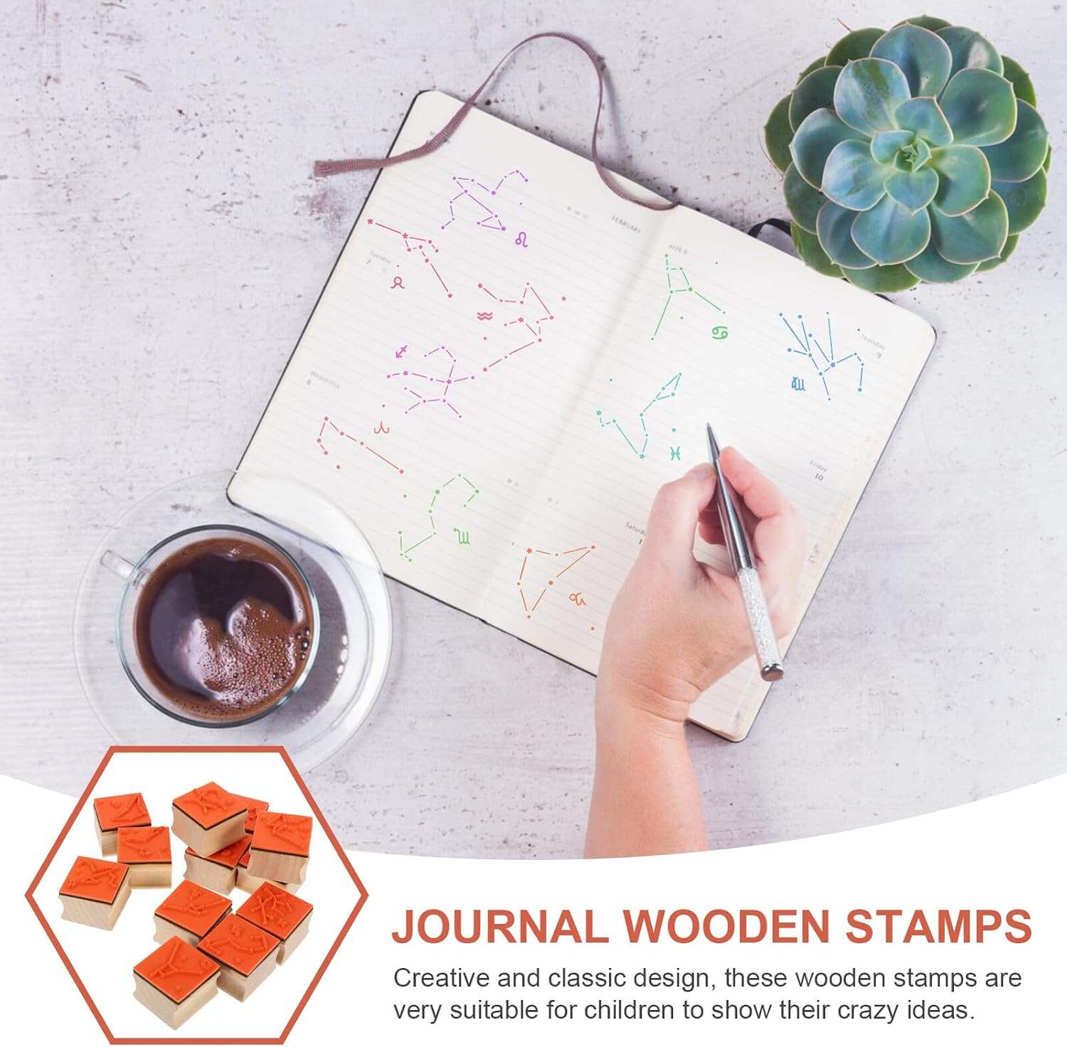 12Pcs Constellation Wooden Stamps Set for Scrapbooking DIY Crafting, Mixed Zodiac Designs with Flower Elements, Decorative Rubber Wood Stamps for Journal and Photo Album Decoration