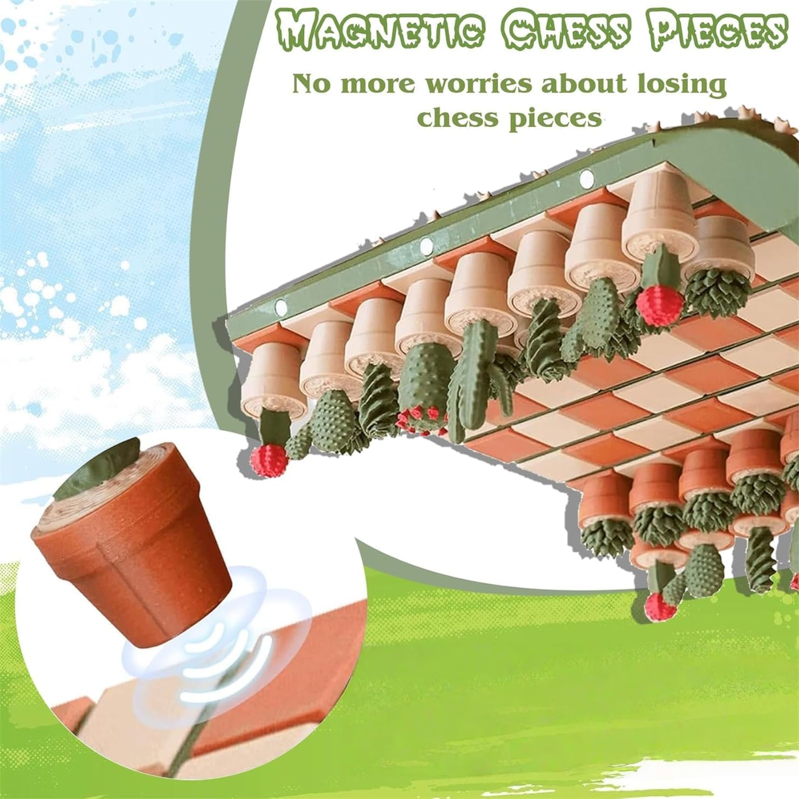3D Printed 32PCS Cactus Chess Board Set, Magnetisches Kaktus‑Schachspiel, Schachbrett im Sukkulenten‑Design, Geschenk für Kinder und Erwachsene