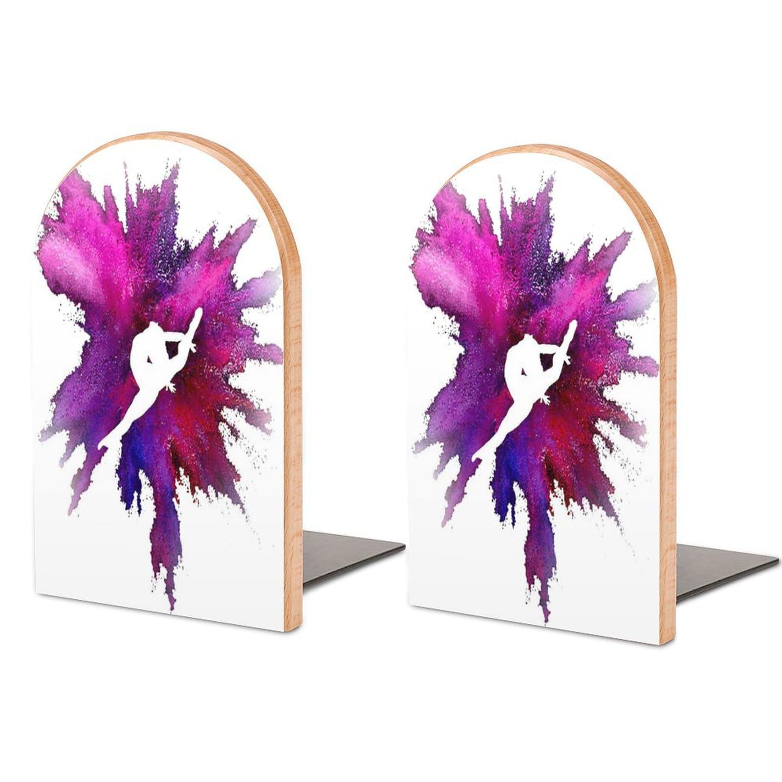 Watercolor Ballet Dancer Beech Wood Bookends Heavy Duty Book Organizers Desktop File Holder for Office Home Bookshelf