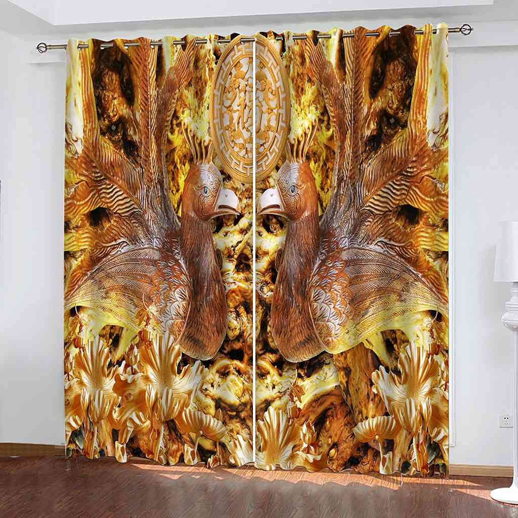 Rideau occultant isolant contre le froid et le bruit motif oiseau or