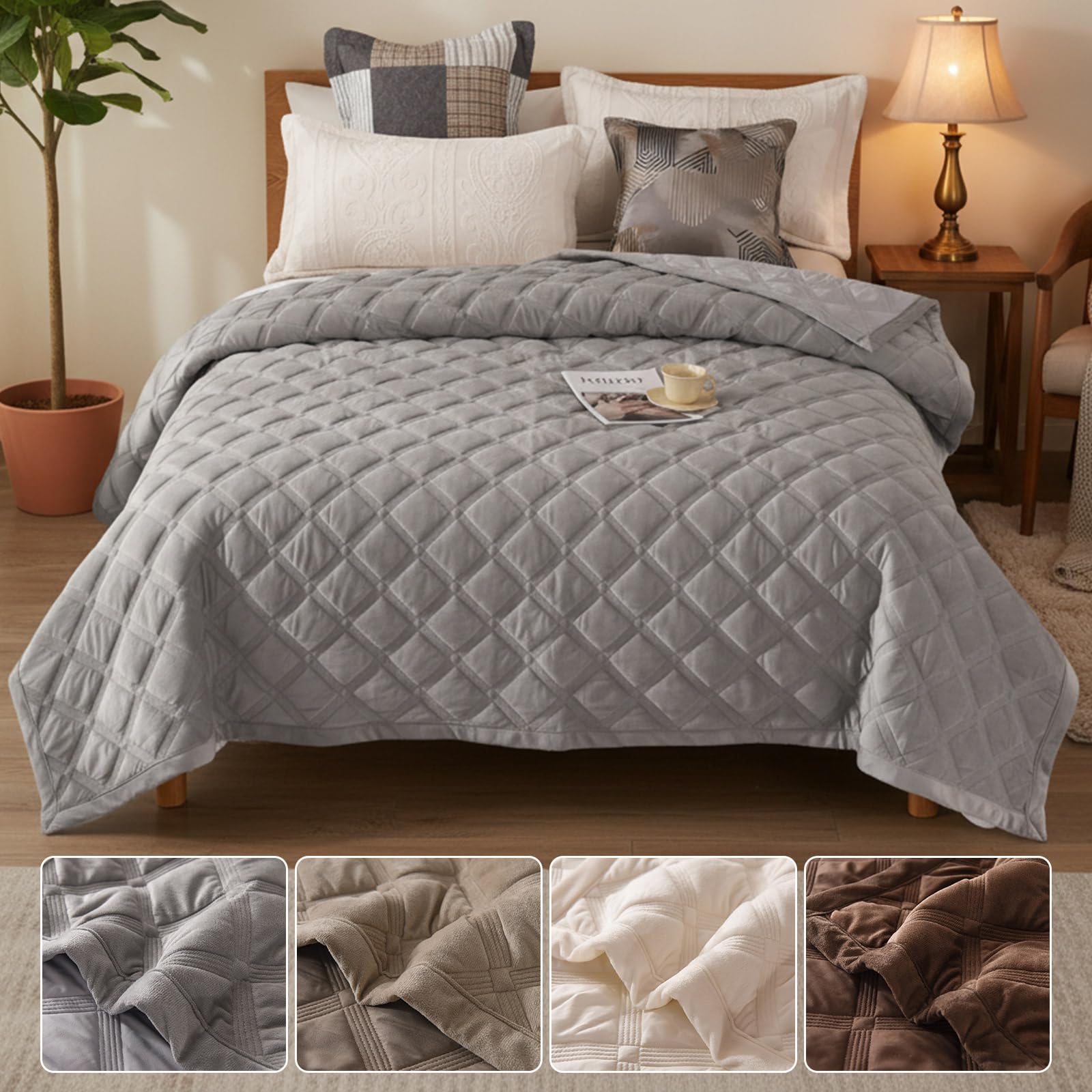 SHANNA Quilt Bettüberwurf 3-teilige Set: Ganzjahres-Ultraweiche Mikrofaser Kuschel-Steppdecke Kingsize 220 x 240 cm Komfort Set mit 2 Kopfkissenbezügen 50 x 70 cm, maschinenwaschbar (Hellgrau-B)