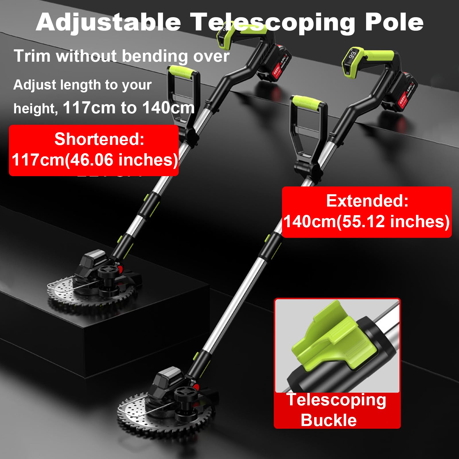 Decespugliatore senza fili, asta regolabile da 117 a 140 cm, lama grande da 20 cm, protezione di sicurezza, con kit di ruote opzionali per una facile manutenzione del prato e del cortile