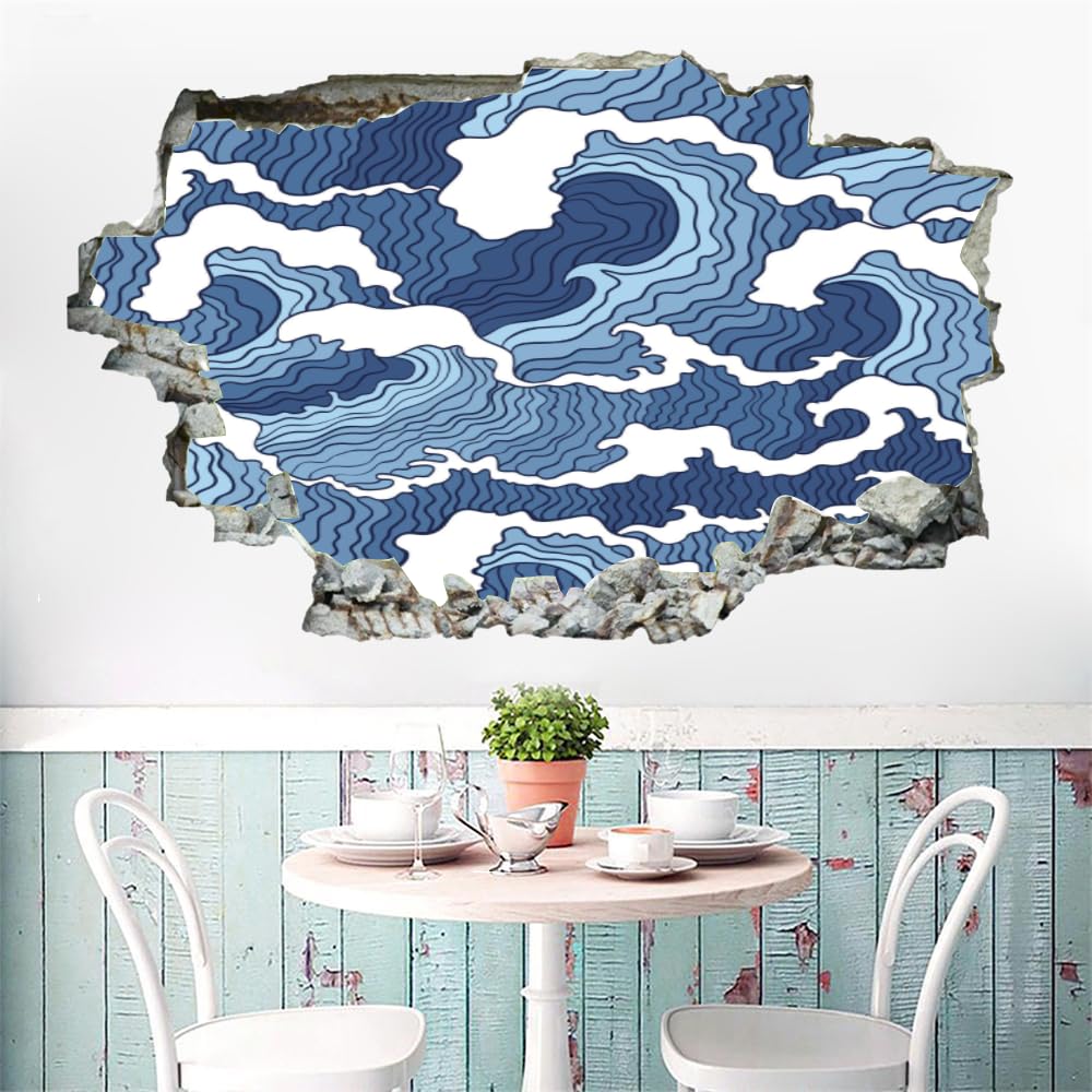 Adesivi murali 3D Murales fracassati Onde blu Decalcomanie da pavimento rimovibili Arte Arte astratta per camera da letto Soggiorno Porta del bagno Cucina Ufficio Nursery Decorazione murale