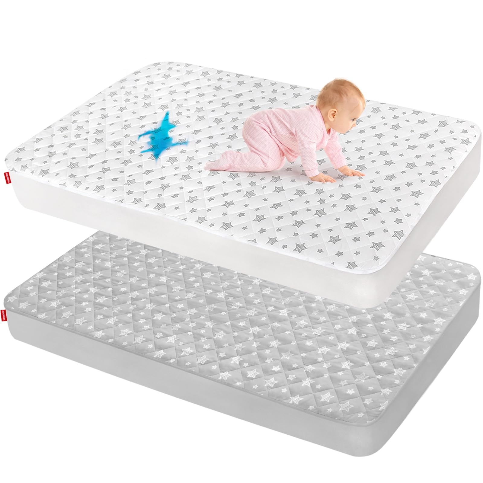 Waterproof Pack and Play Mattress Pad Protector 39" x 27" 2 Pack, Compatible with Graco Pack n Play, Playard Mattress Protector, Grey & White Star