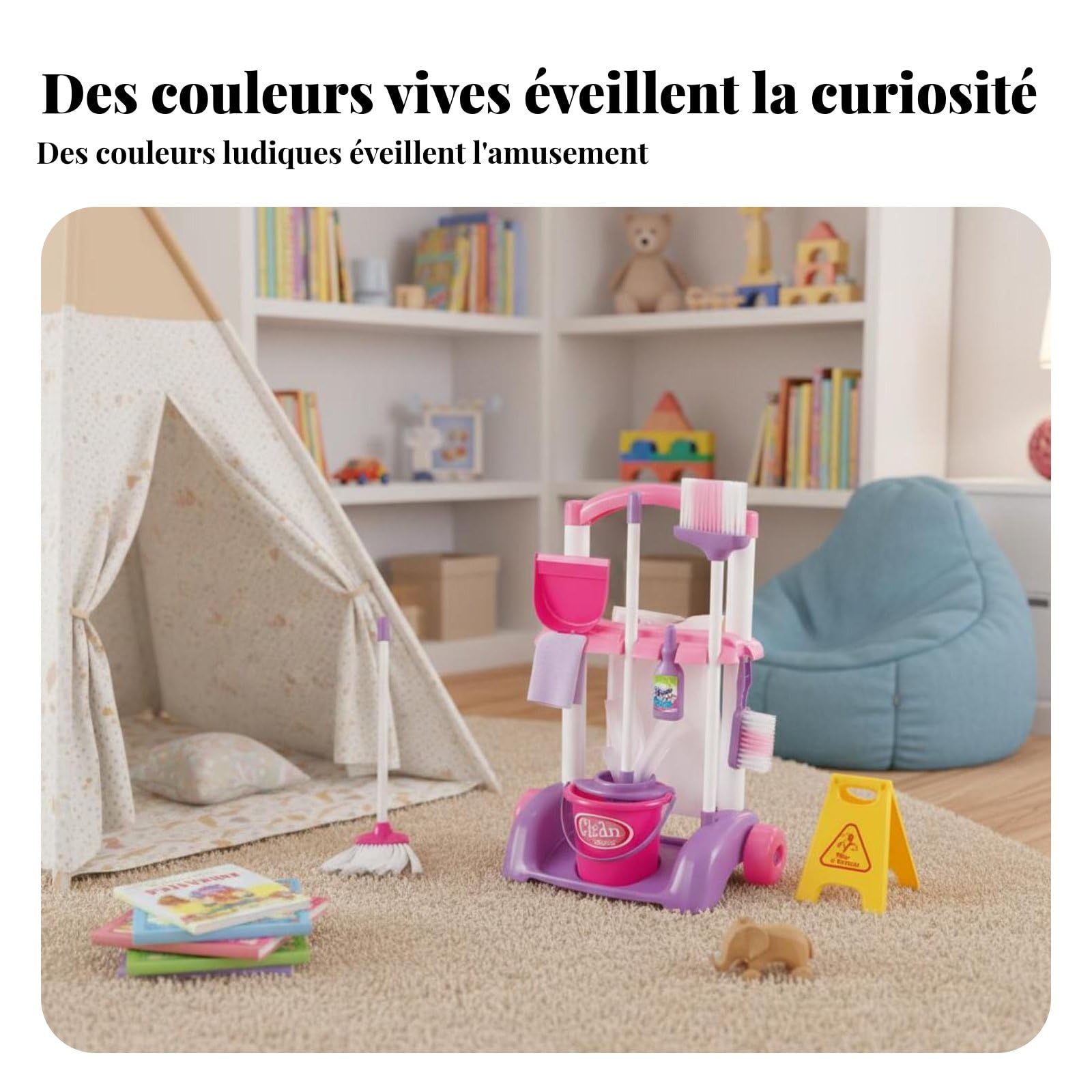 Almencla Set Bambini Pulizia Scopa Paletta Secchio Carrello Materiale Sicuro Stimola Creatività Adatto a Bambini Gioco Educativo Casa , 66733 Rosso SET