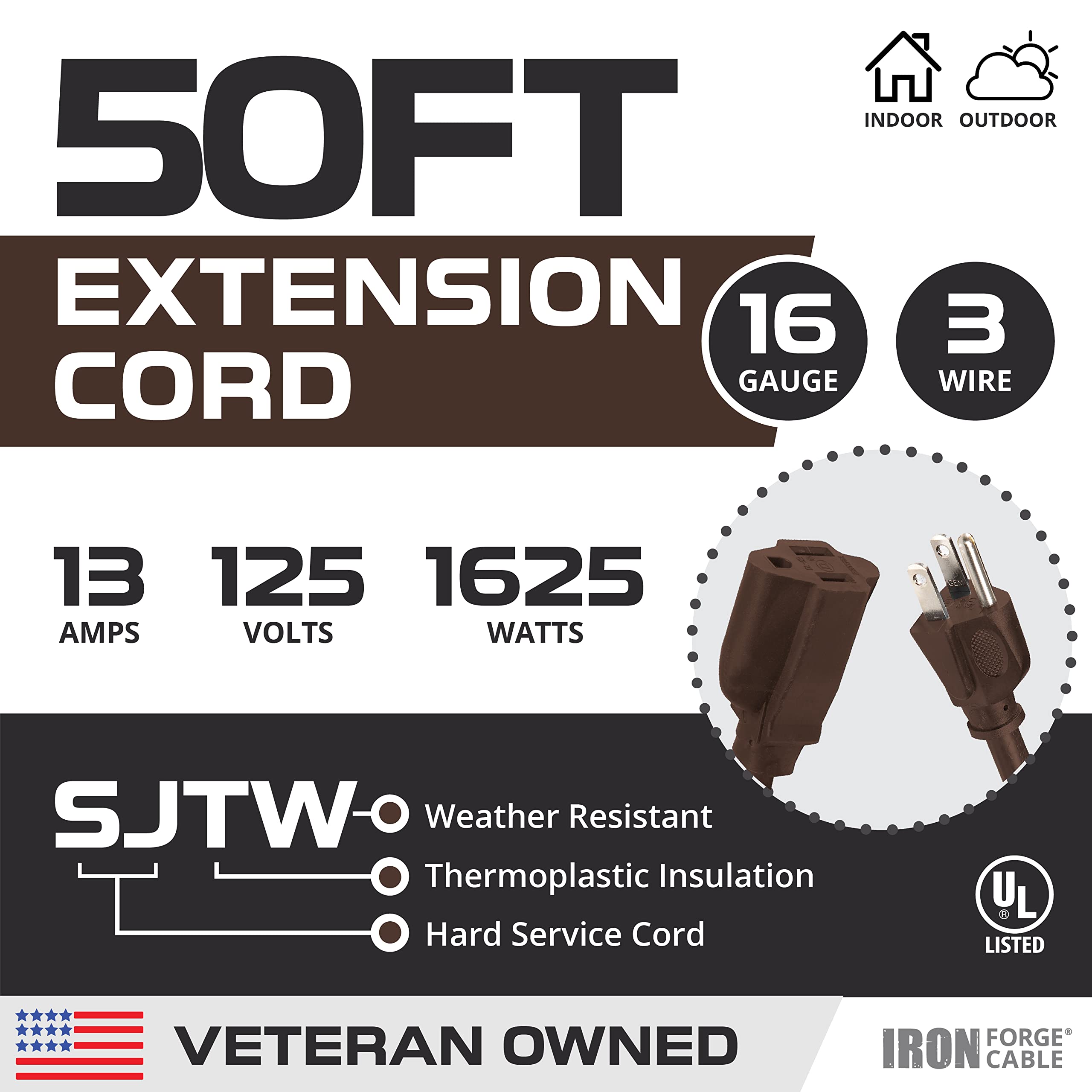 Iron Forge Cable de extensión café de 50 pies para exteriores, cable resistente de 16/3 con enchufe de tierra de 3 puntas para seguridad, 13 amperios para jardín, cubierta, patio, césped, herramientas