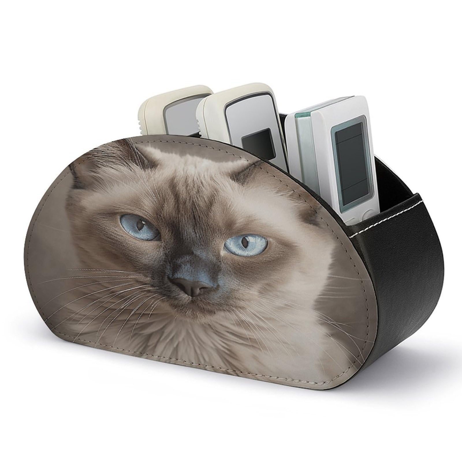 VstaDank Beautiful Siamese Cat Remote Control Holder with 5 Compartments PU Leather TV Remoter Caddy Desktop Organizer TV Remote Holder Remote Box for Media Controllers Office Supplies
